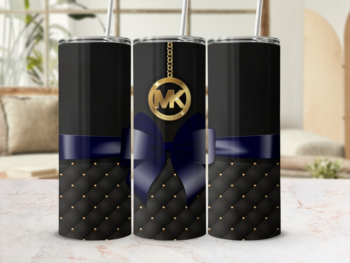 Luxurious Black and Gold Tumbler with Blue Bow Design
