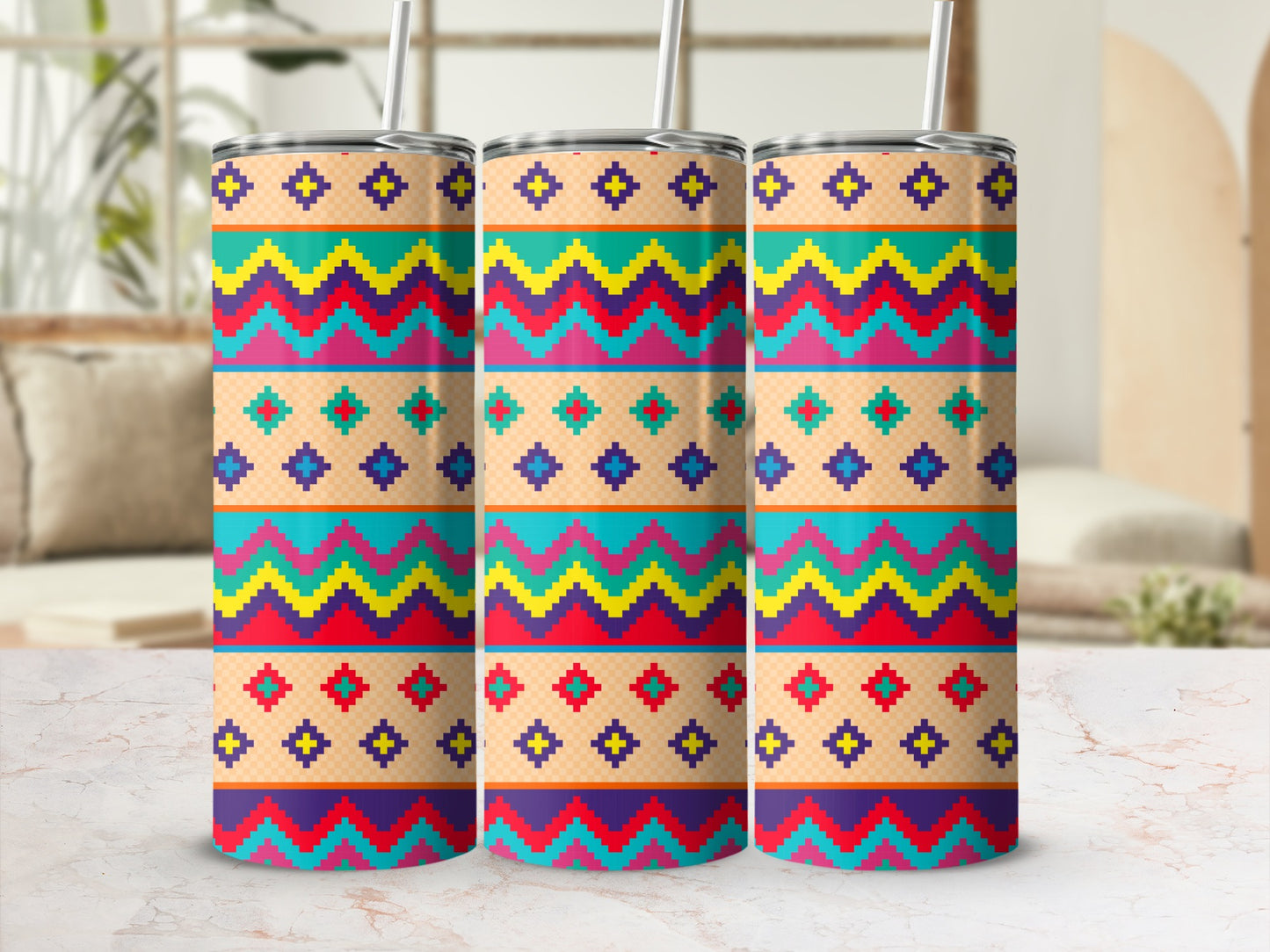 Colorful Geometric Patterned Tumblers for Beverages