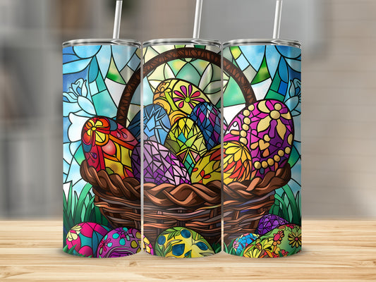 Woven basket overflowing with colorful, stained-glass Easter eggs on a wooden surface.