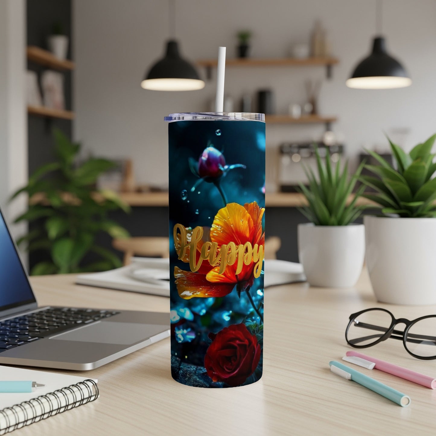 Tumbler with orange and red flowers and "Happy" text.