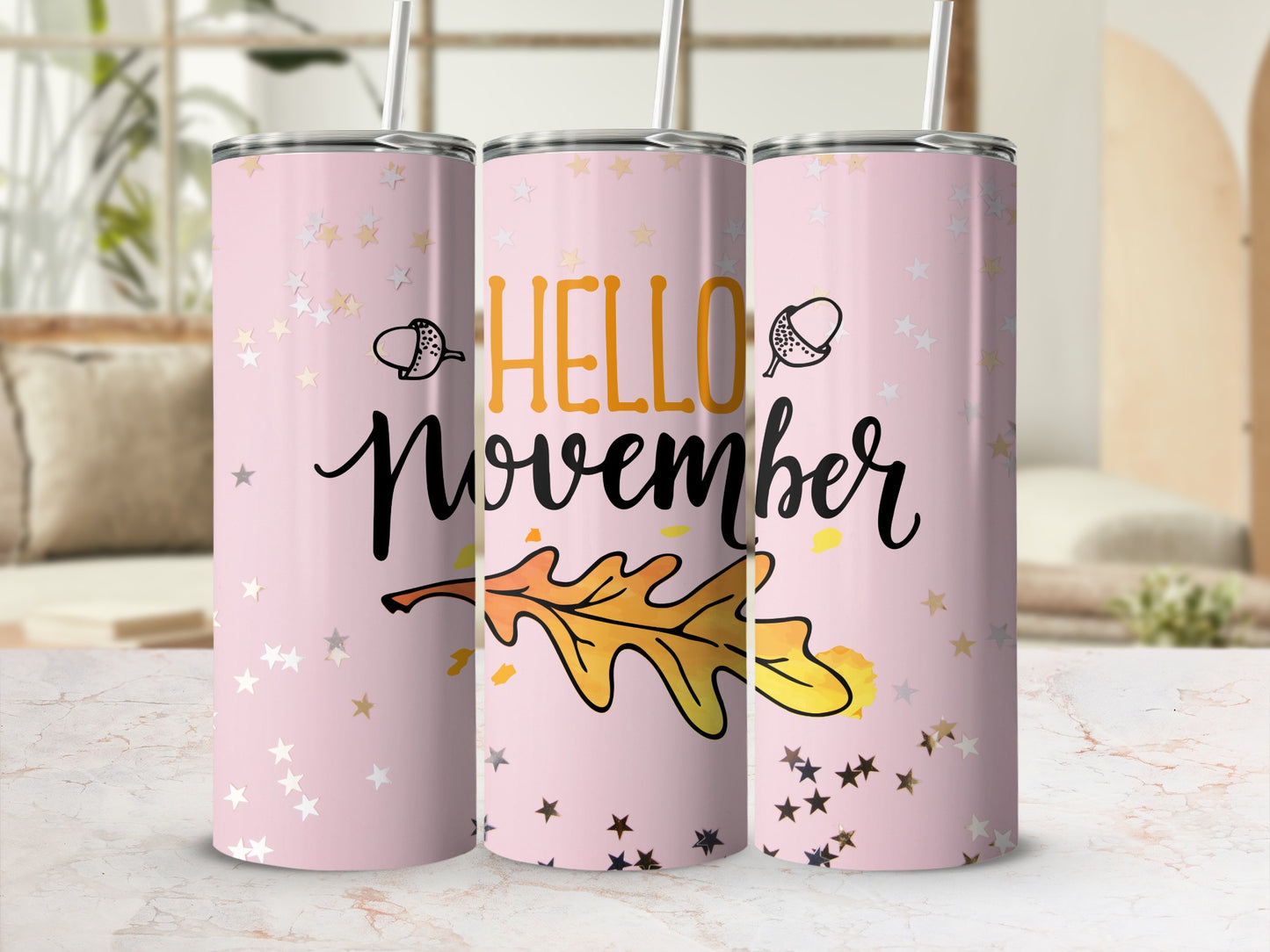 Hello November Pink Tumbler with Acorn and Leaves Design