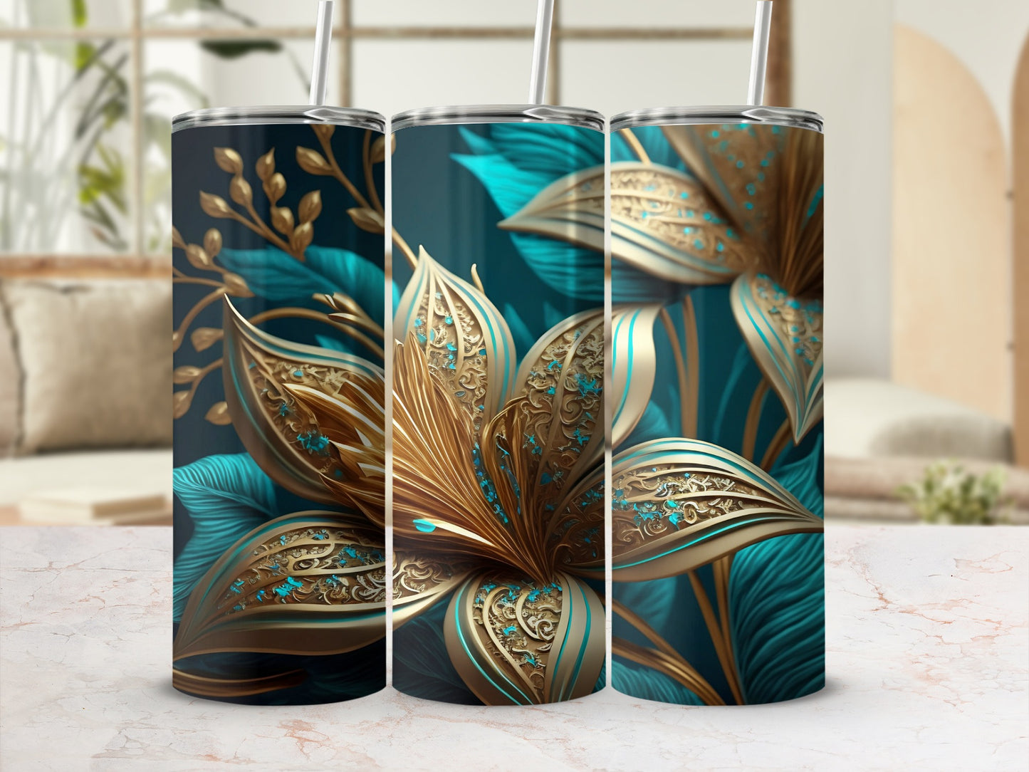 Ornate Blue and Gold Floral Design Tumbler Product