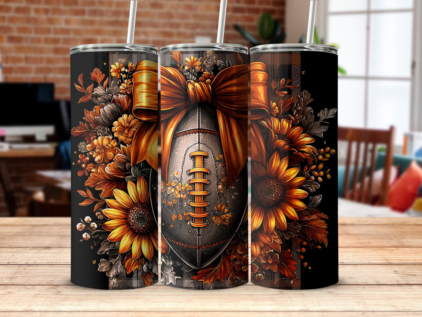 Floral Football Sunflower Tumbler with Lid