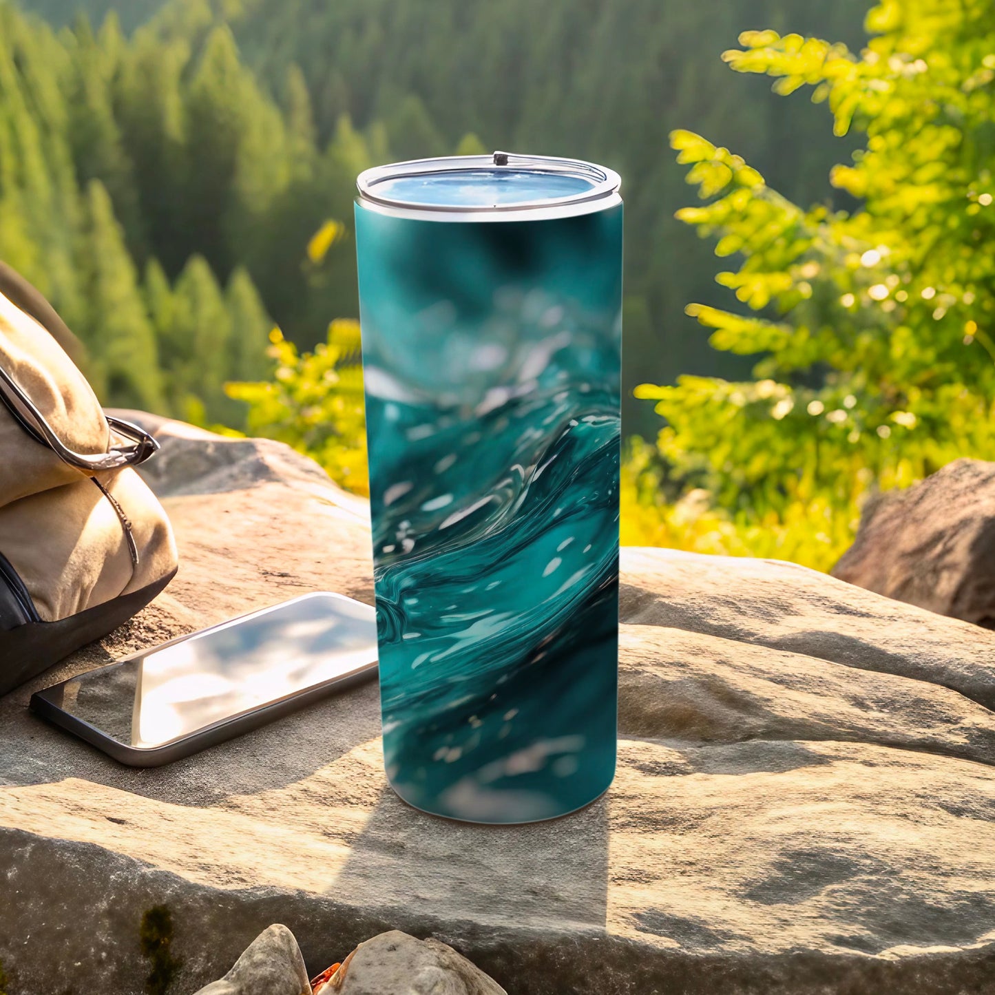 Abstract Teal Liquid Wave Pattern Travel Tumbler product type