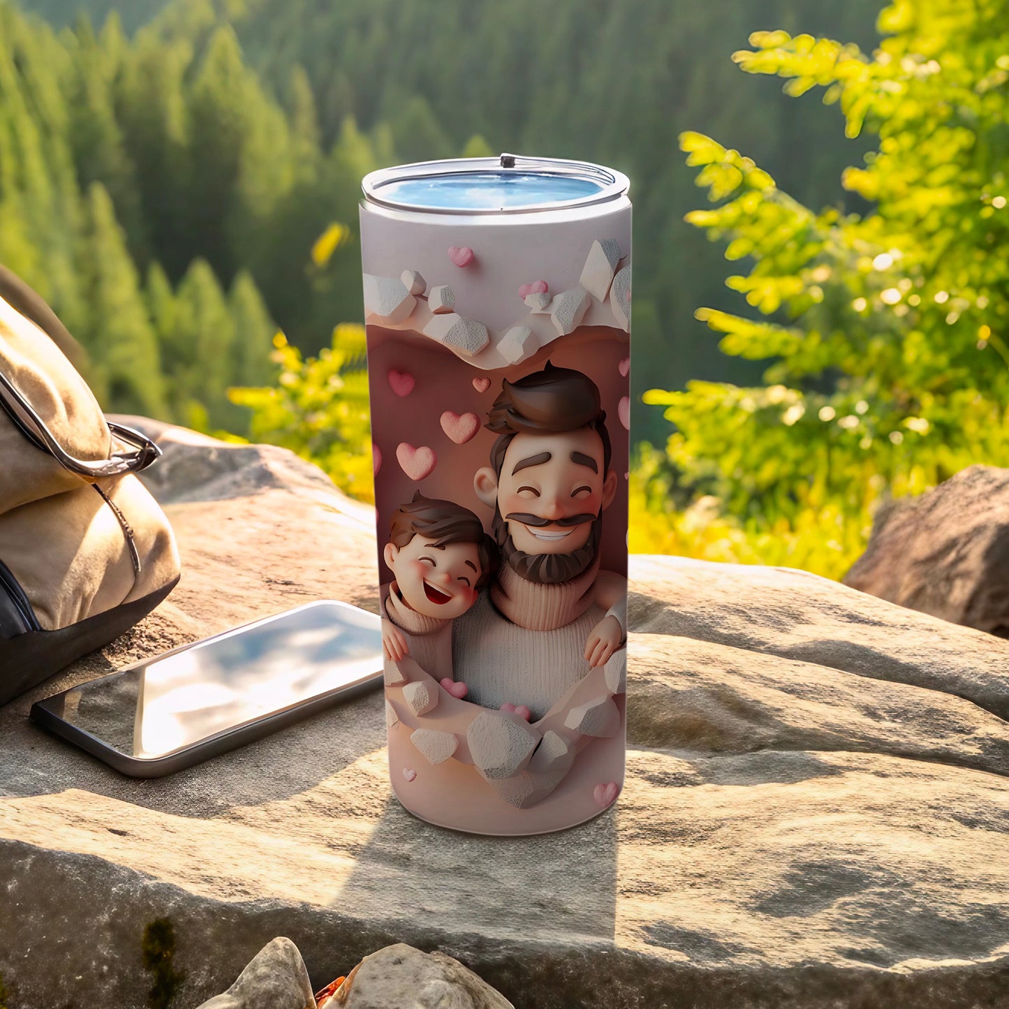 Tumbler with father and child cartoon illustration on pink background.
