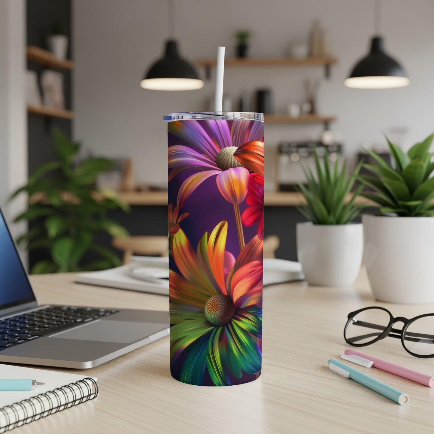 Colorful abstract floral pattern on a white tumbler with a straw.