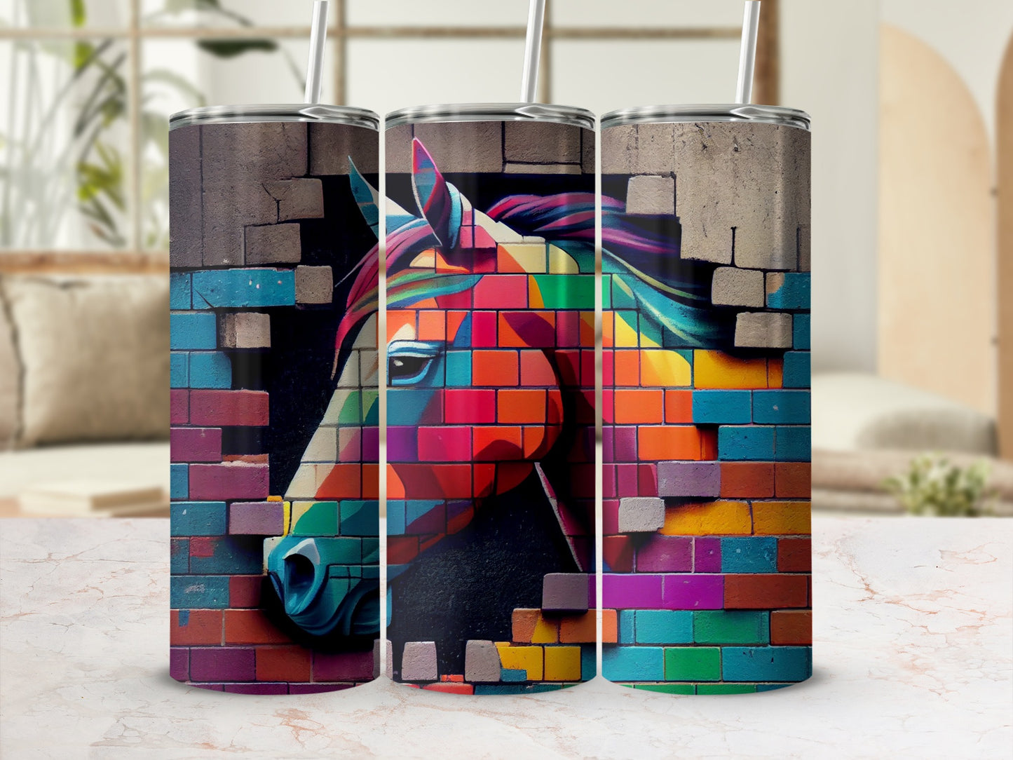 Vibrant Mosaic Horse Pattern Stainless Steel Tumbler