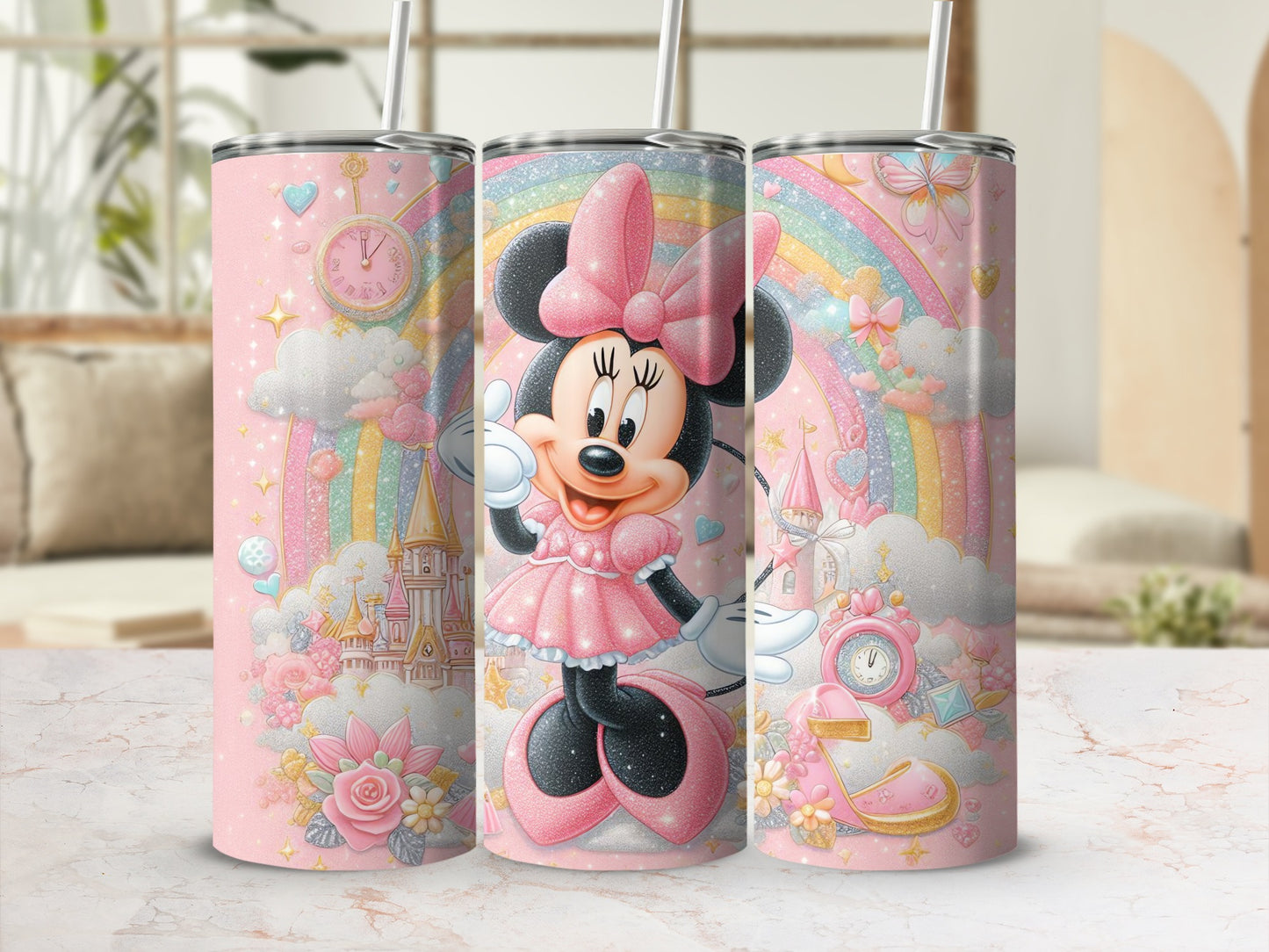 Fantasy Minnie Mouse Tumbler with Rainbow and Castle