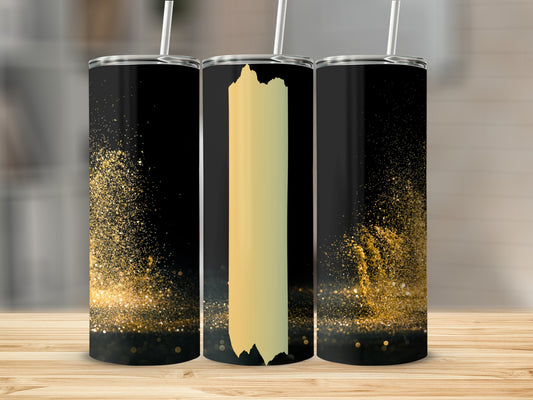 Three black tumblers with gold glitter, one blank tumbler.