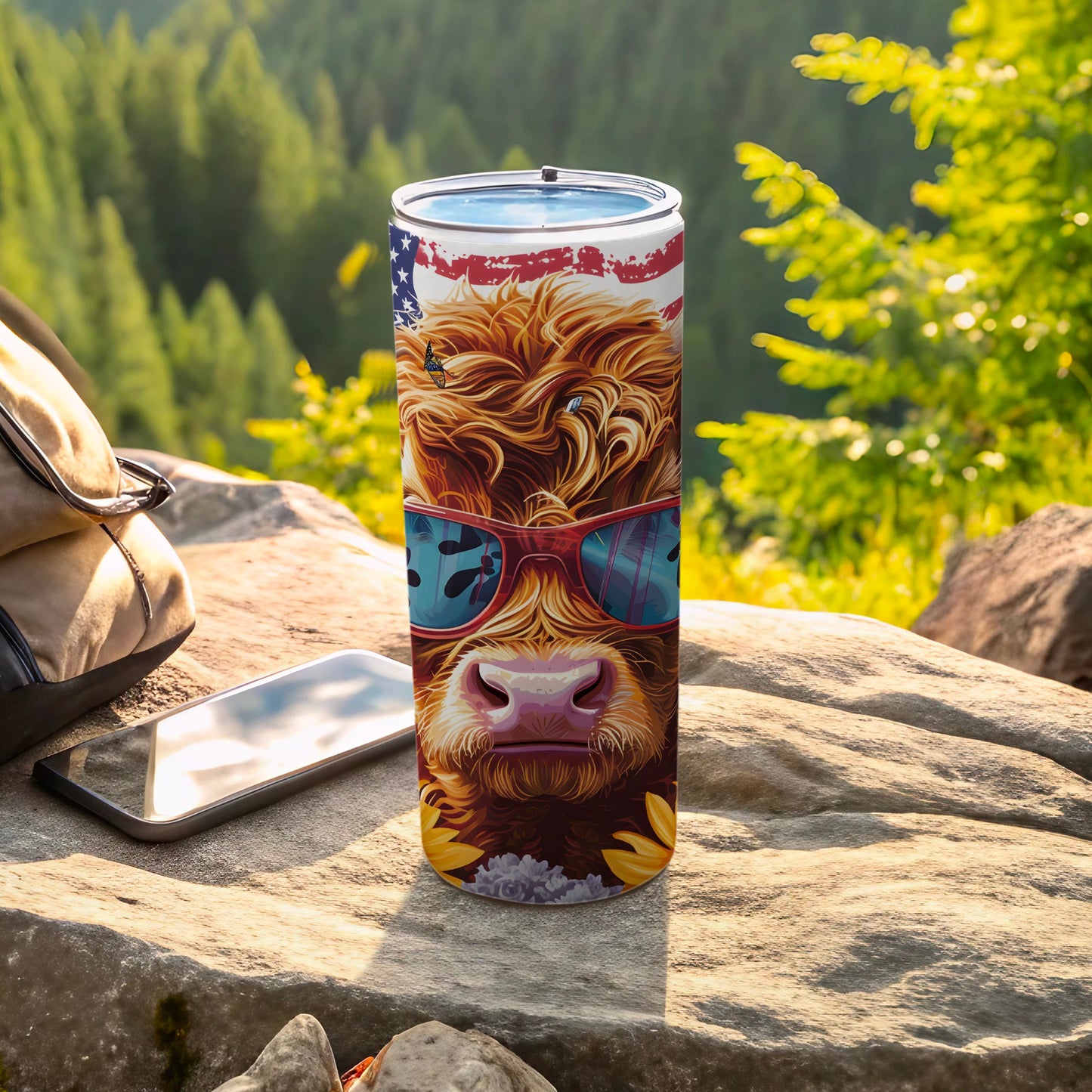 Highland cow wearing sunglasses on a tumbler with sunflowers and bees.