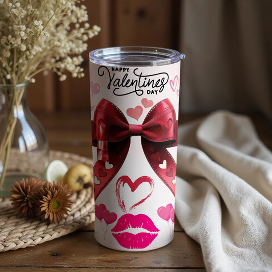 Happy Valentines Day Red Bow and Hearts Design Tumbler