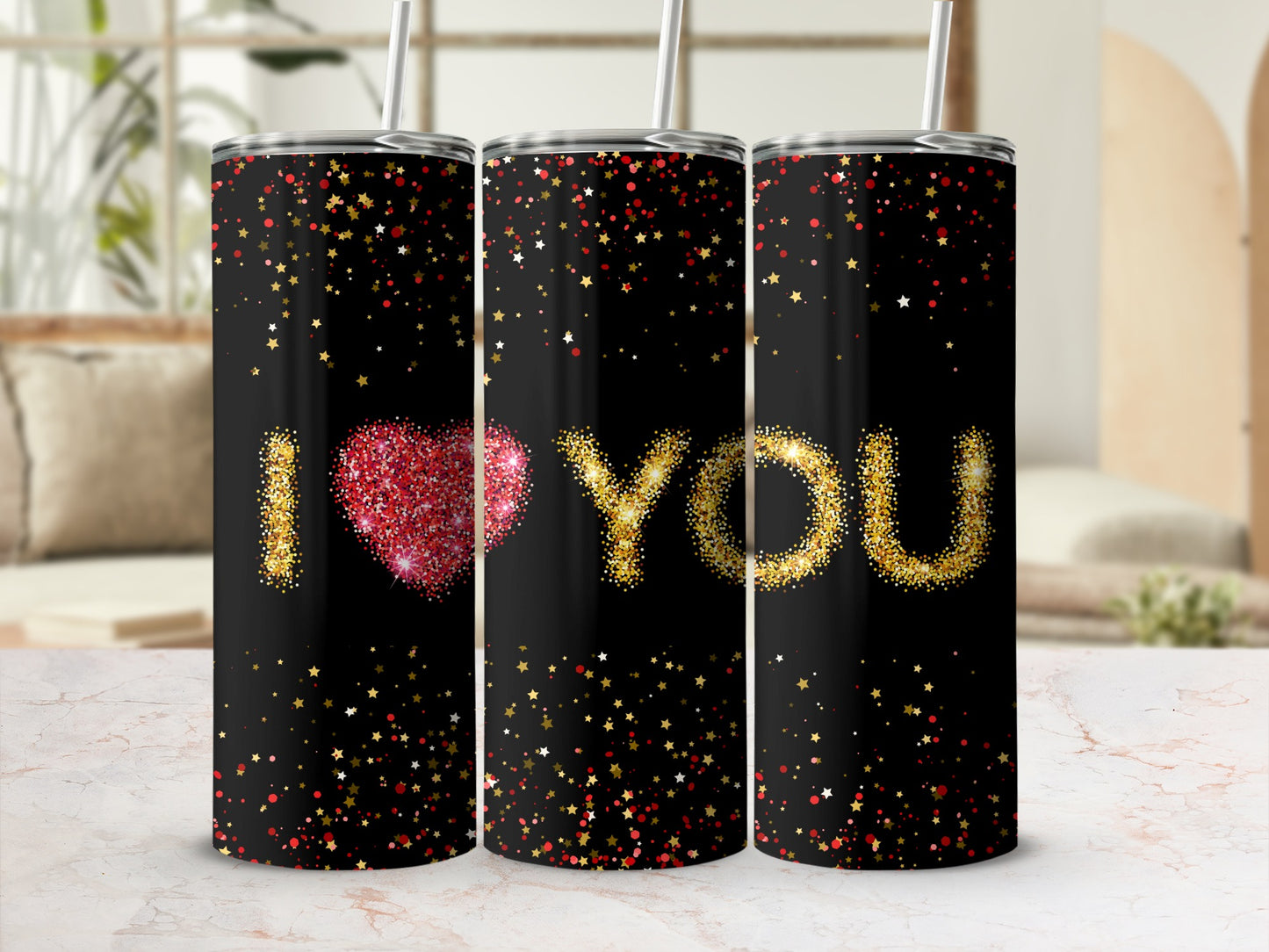 I Love You Gift Tumbler with Colorful Glitter Design