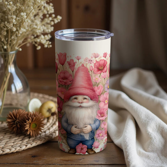 Happy Garden Gnome Tumbler with Pink Flowers