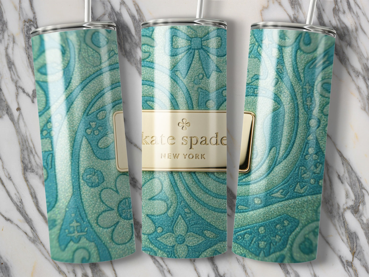 Kate Spade Inspired Floral Teal Sparkle Design Decorative Tumblers