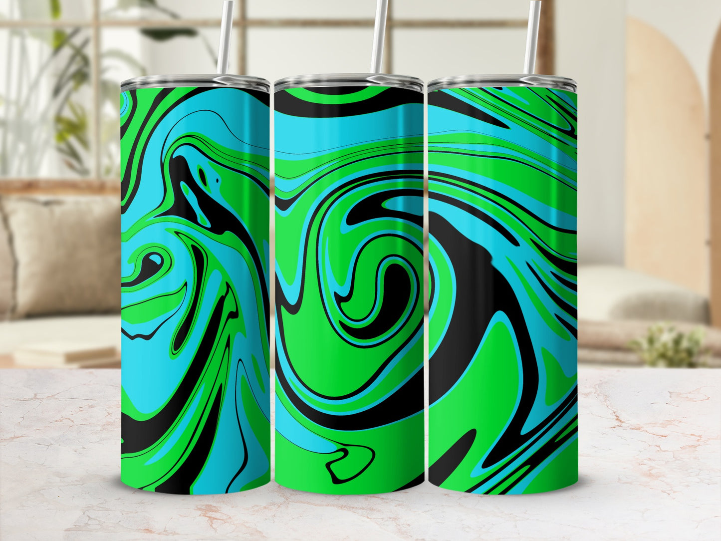 Vibrant Blue and Green Swirl Design Beverage Tumbler