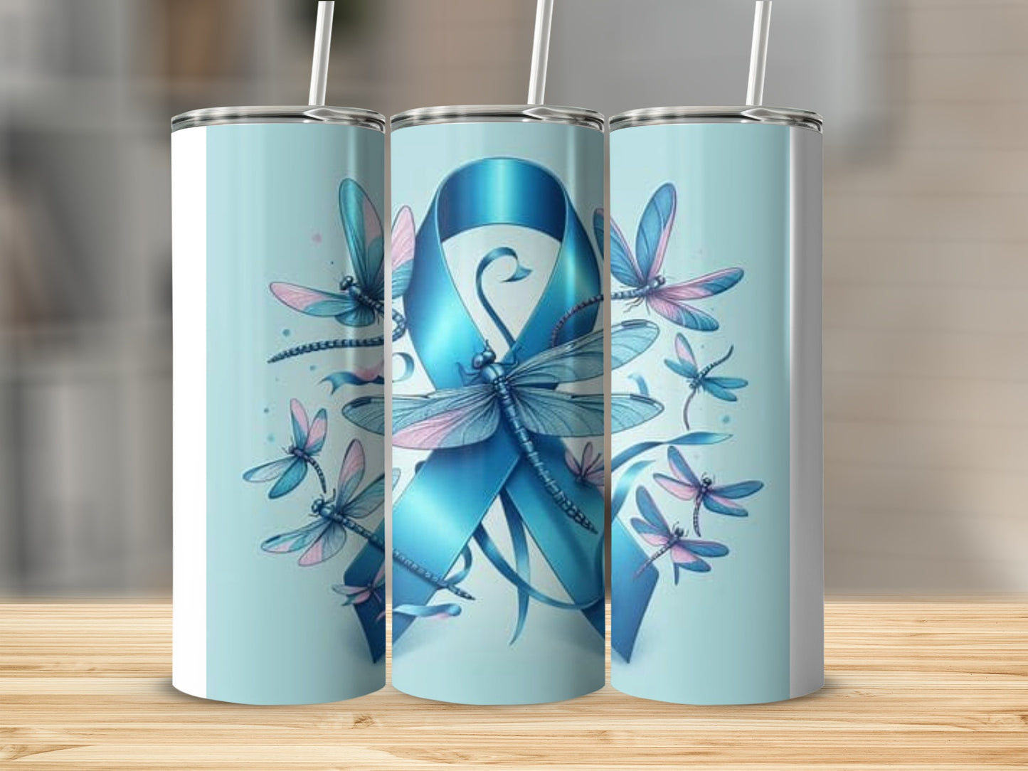Blue Ribbon and Dragonflies Design Tumbler Cup