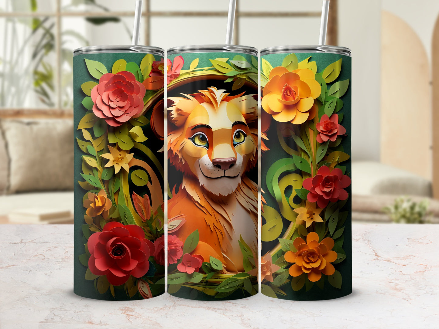 Vibrant Floral Lion Artwork Design Tumbler