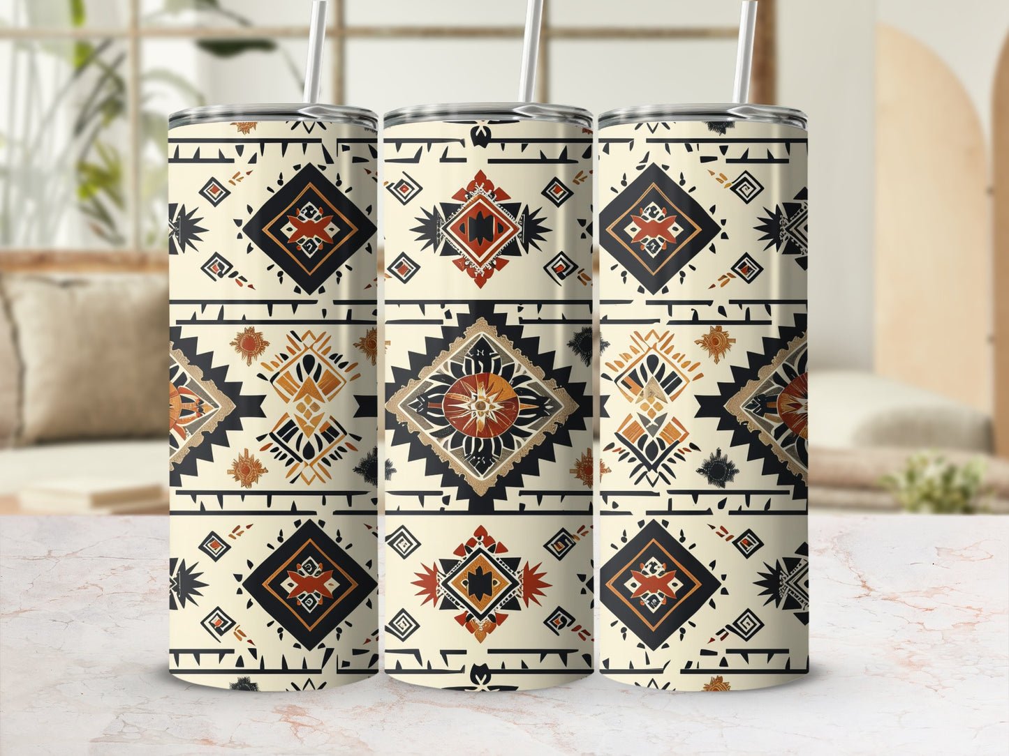 Geometric Tribal Patterned Tumbler with Straw Cup