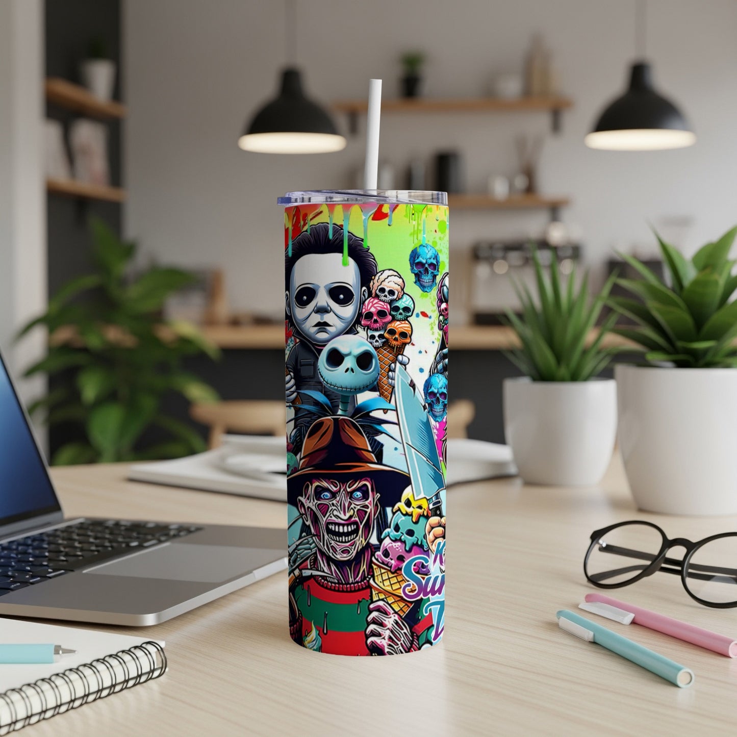Tumbler with horror characters like Freddy Krueger, Michael Myers, and Jack Skellington.