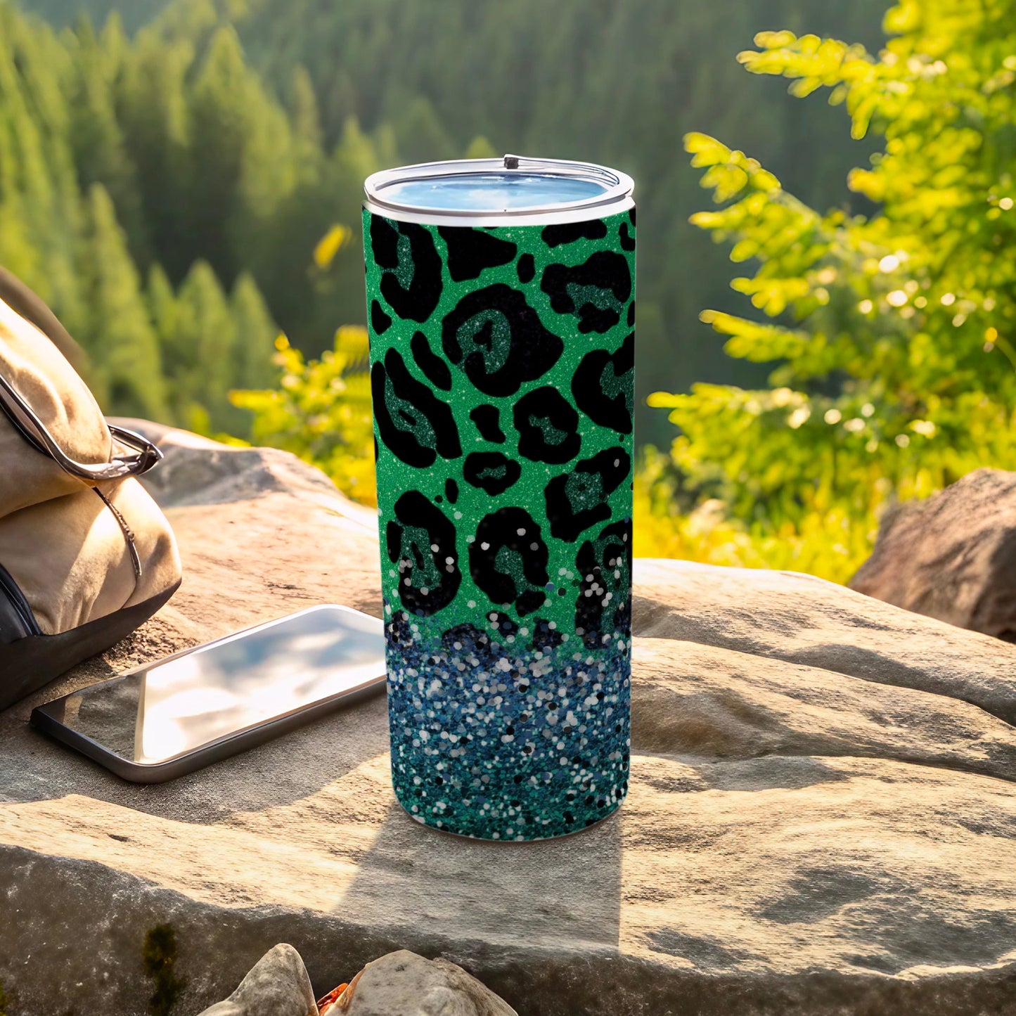 Sparkly Green and Black Leopard Print Tumbler Cup