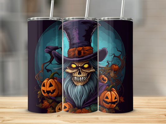 Tumbler with Halloween skeleton, pumpkins, and spooky moon background.