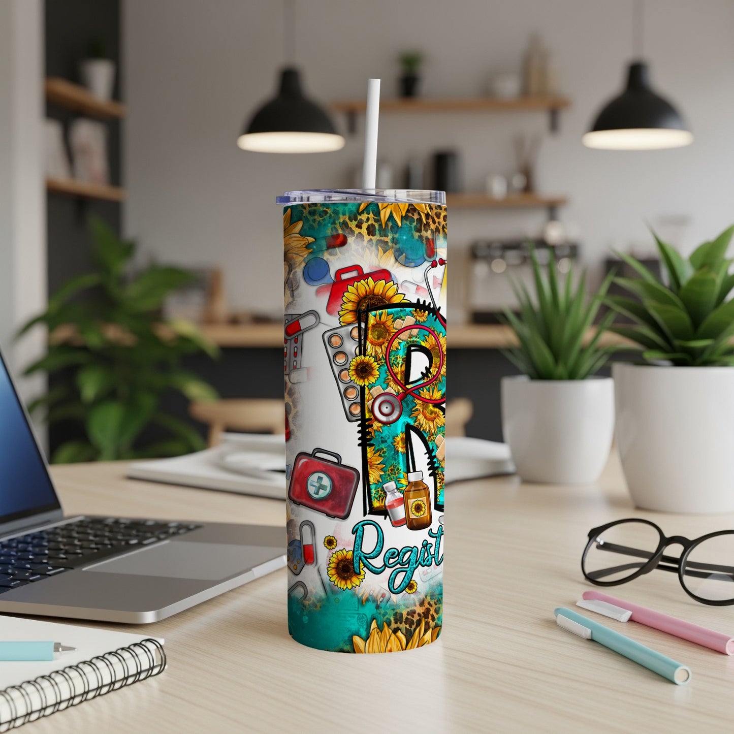Tumbler with medical and floral design, featuring the word "Registered".