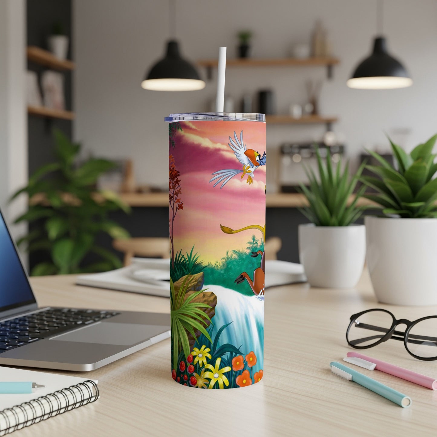 Cartoon jungle scene with waterfall and flying bird on a tumbler.