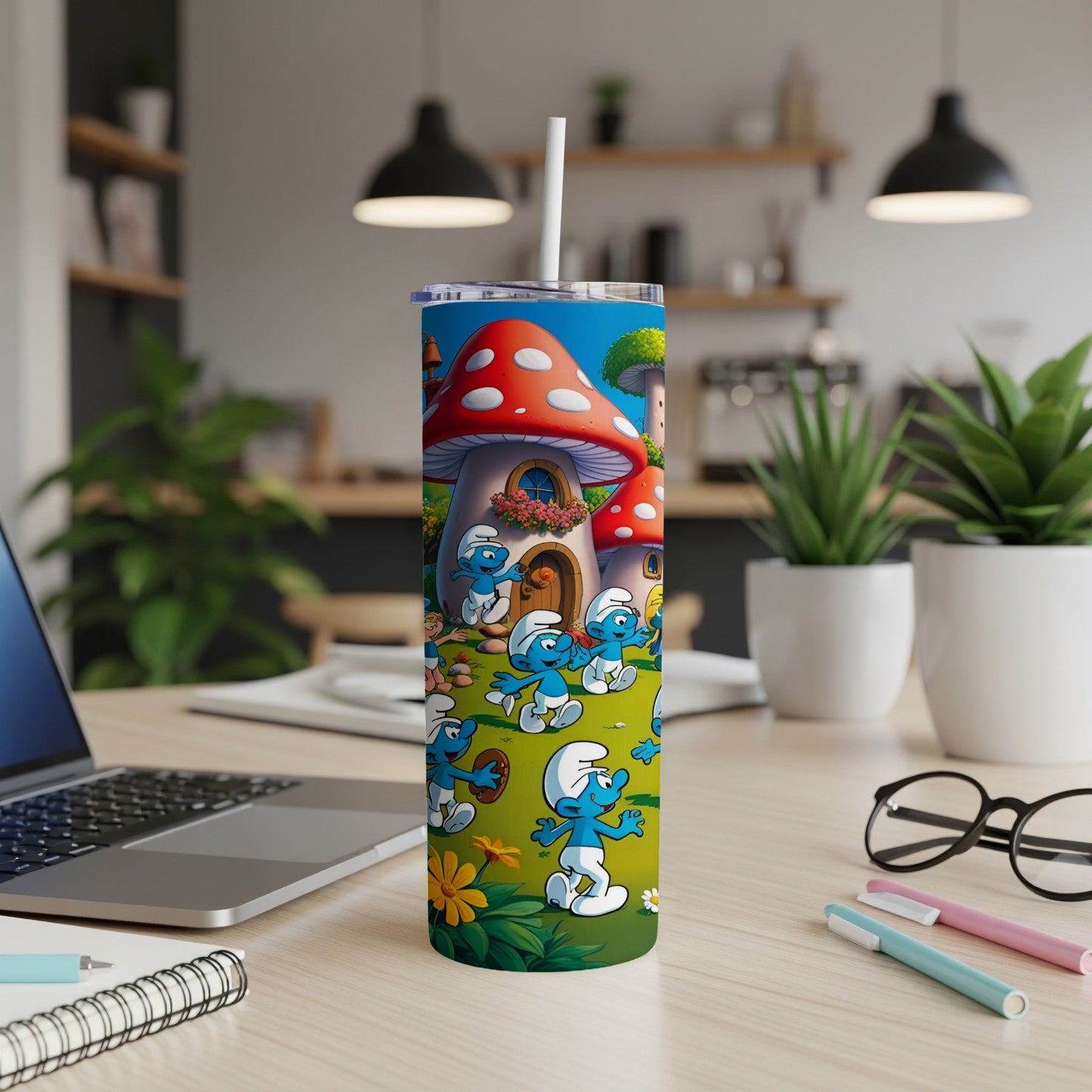 Smurfs gathered around a mushroom house on a patterned tumbler.