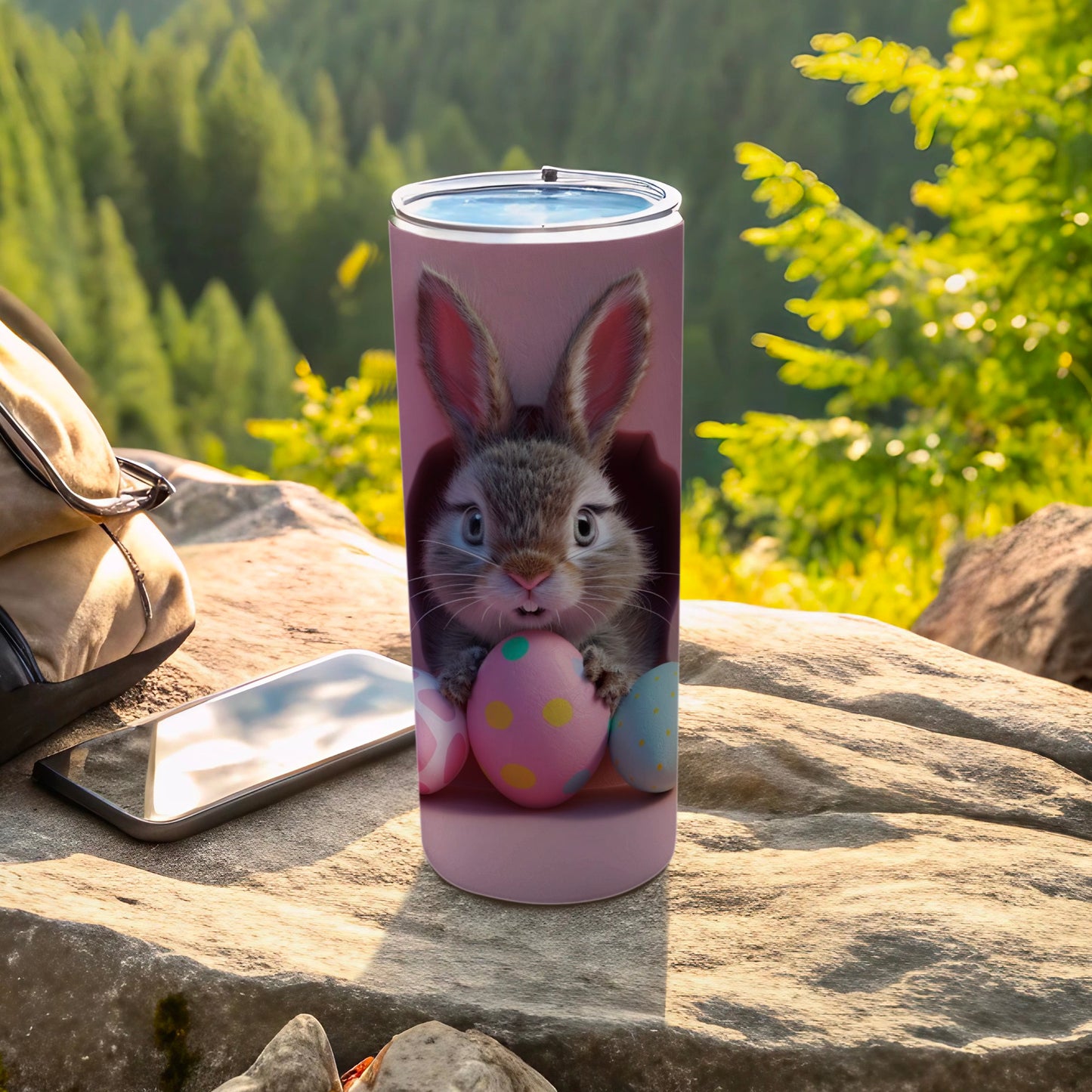 Pink tumbler with a curious bunny surrounded by Easter eggs.