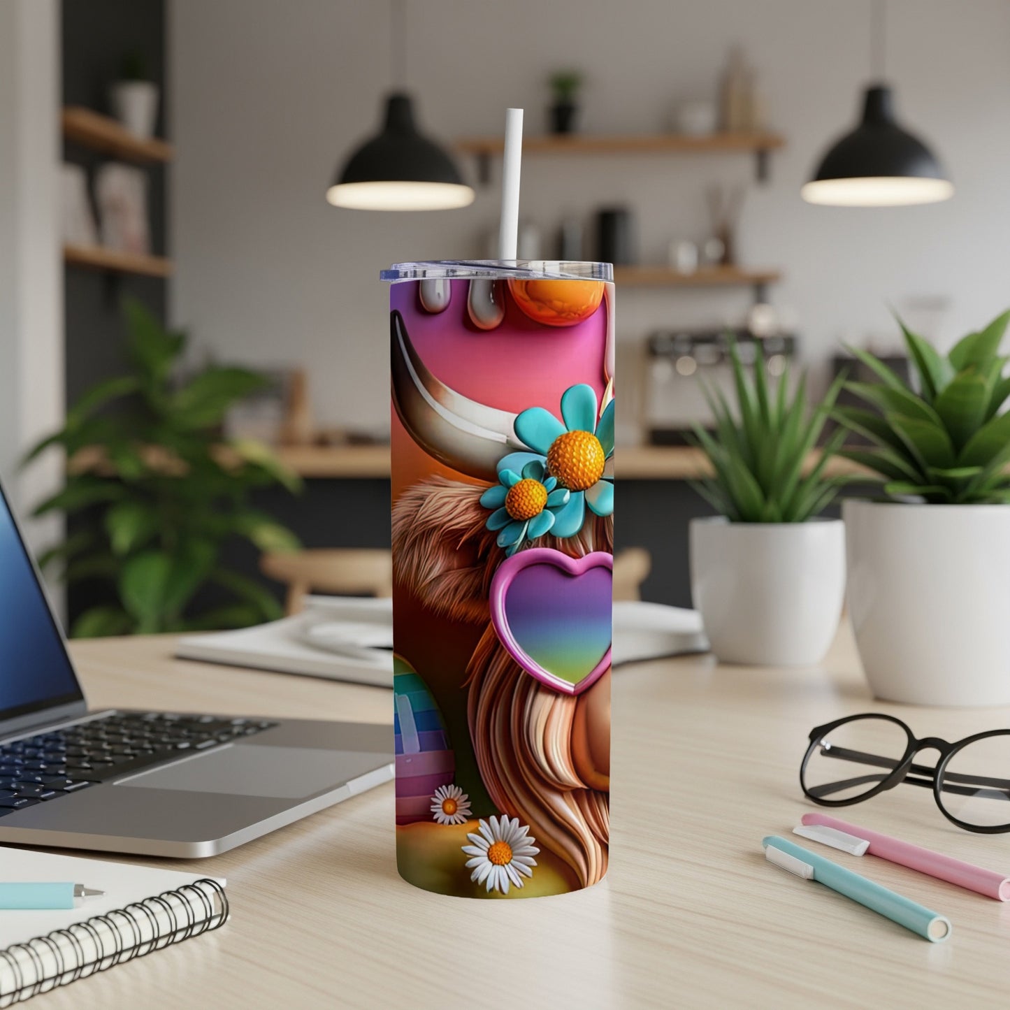 Highland cow with rainbow and heart sunglasses on a tumbler.