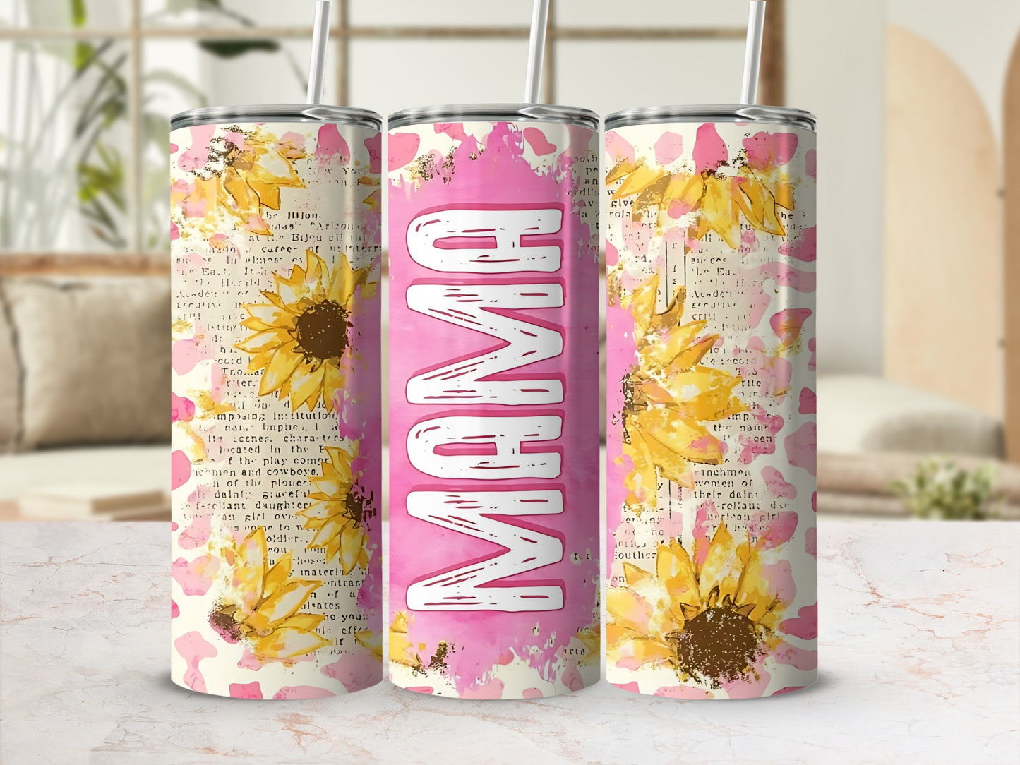 Floral Sunflower MAMA Text Pink Background Product