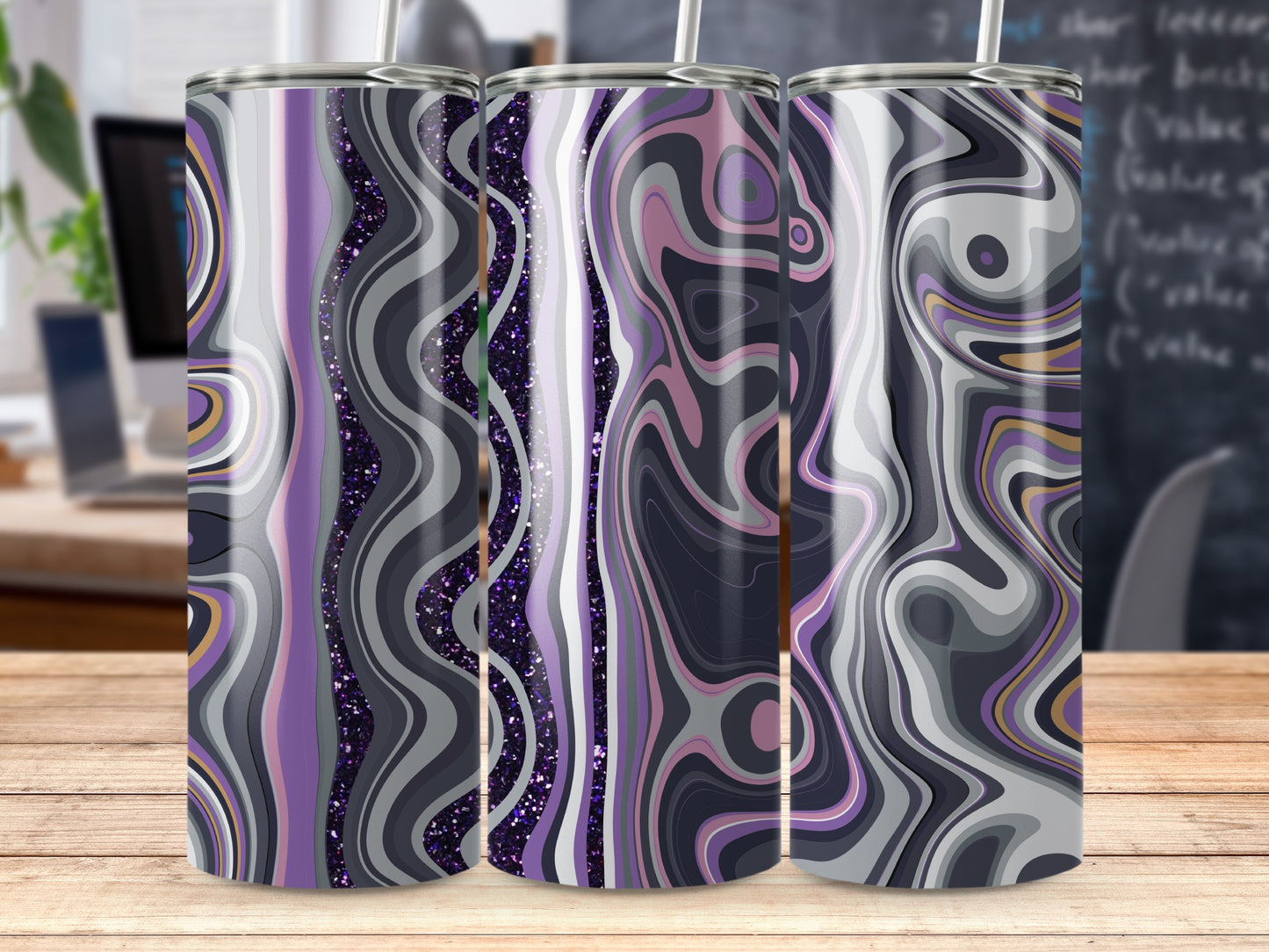 Swirling Abstract Purple Grey Tones With Glitter Tumblers