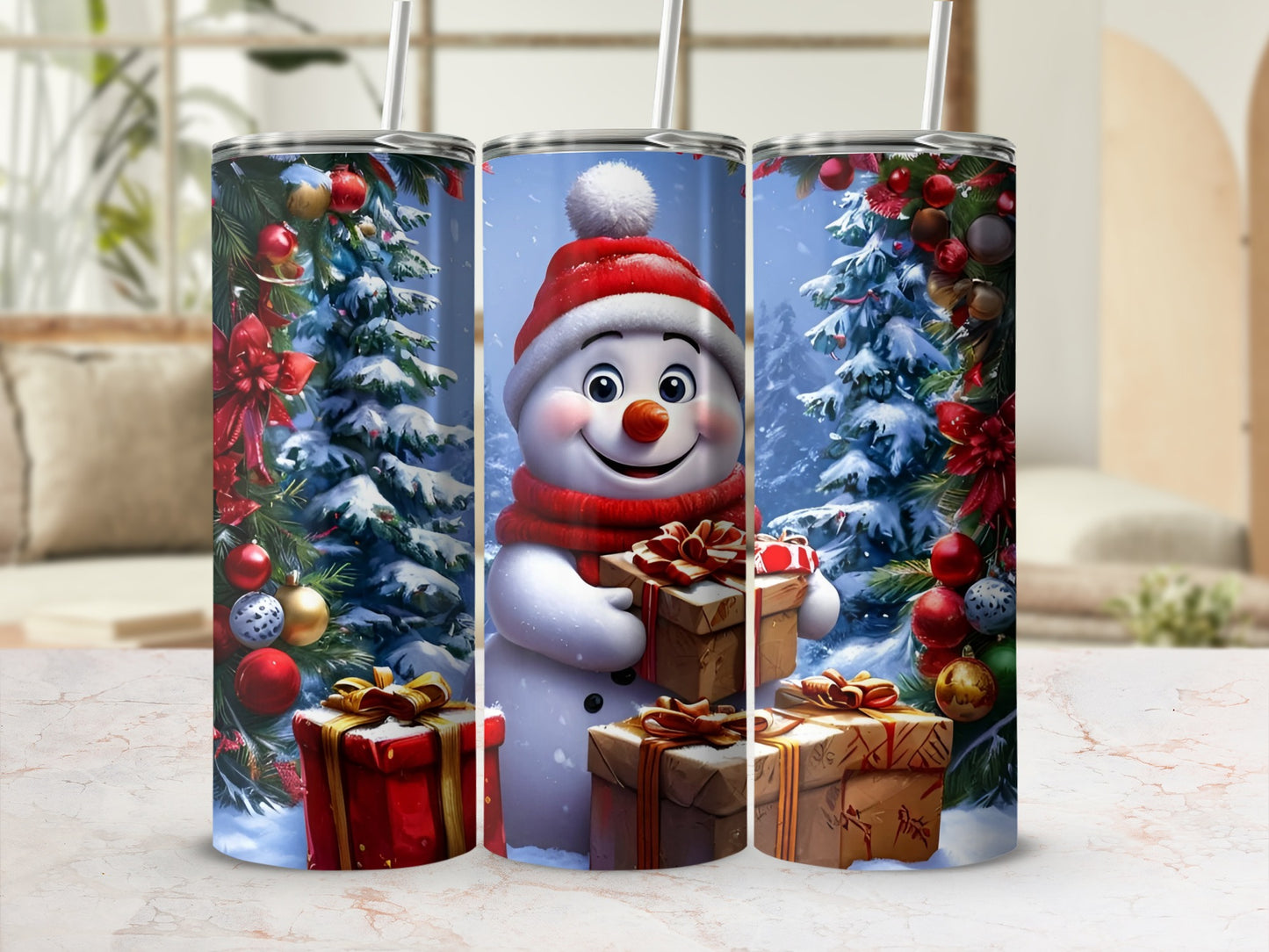 Festive Snowman and Christmas Tree Themed Tumbler