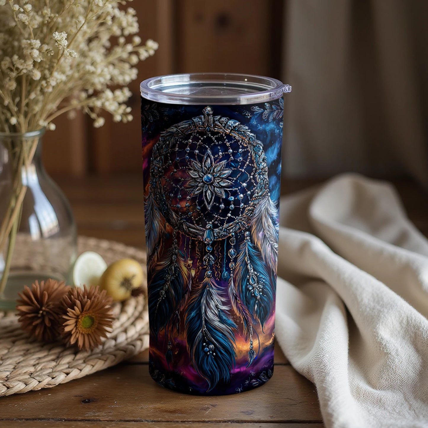 Dreamcatcher Design Tumbler with Artistic Feathers