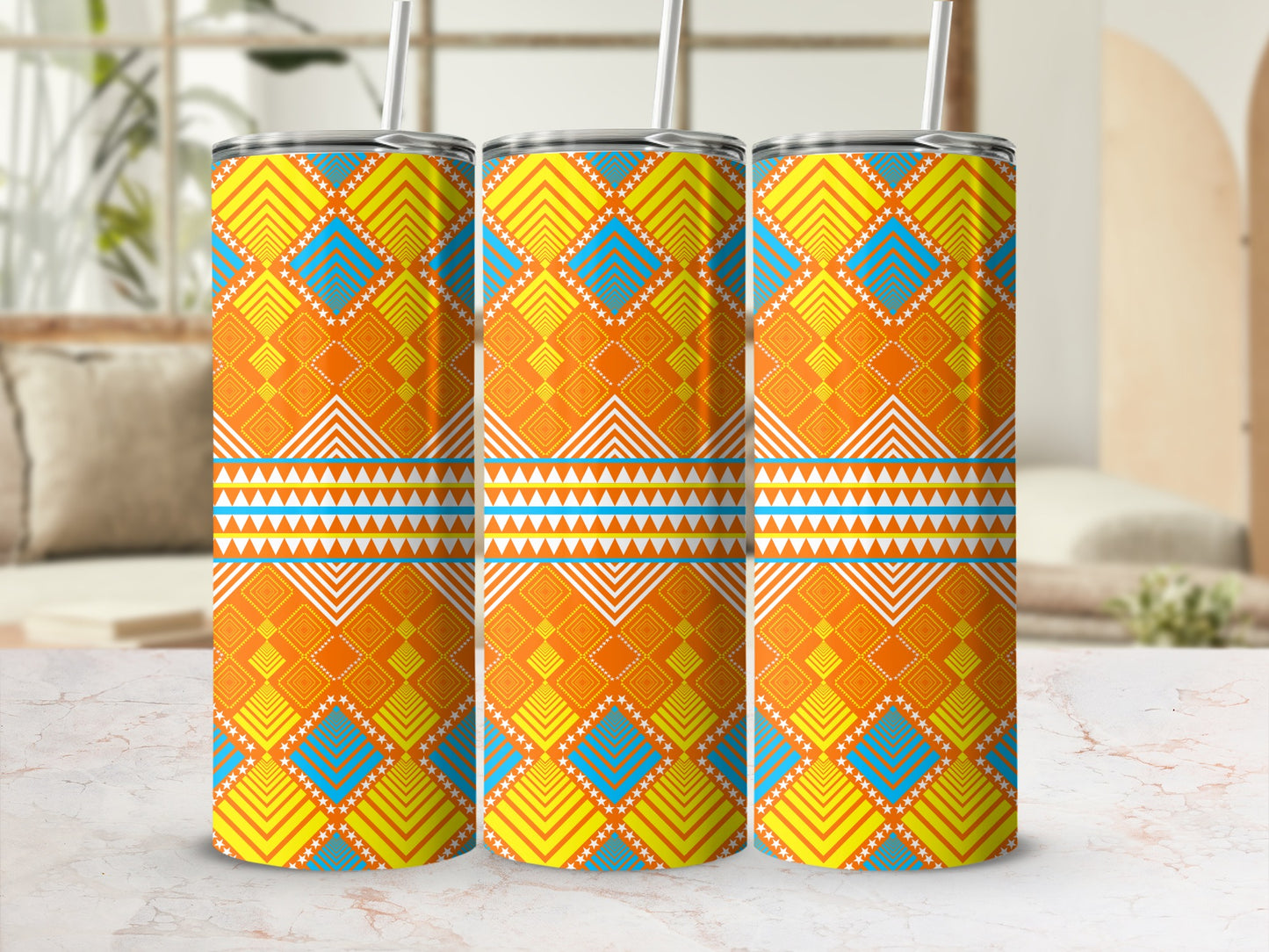 Vibrant Geometric Patterned Tumbler with Straws