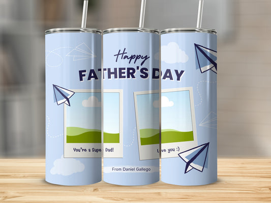 Happy Father's Day tumbler with personalized messages and photo placeholders.