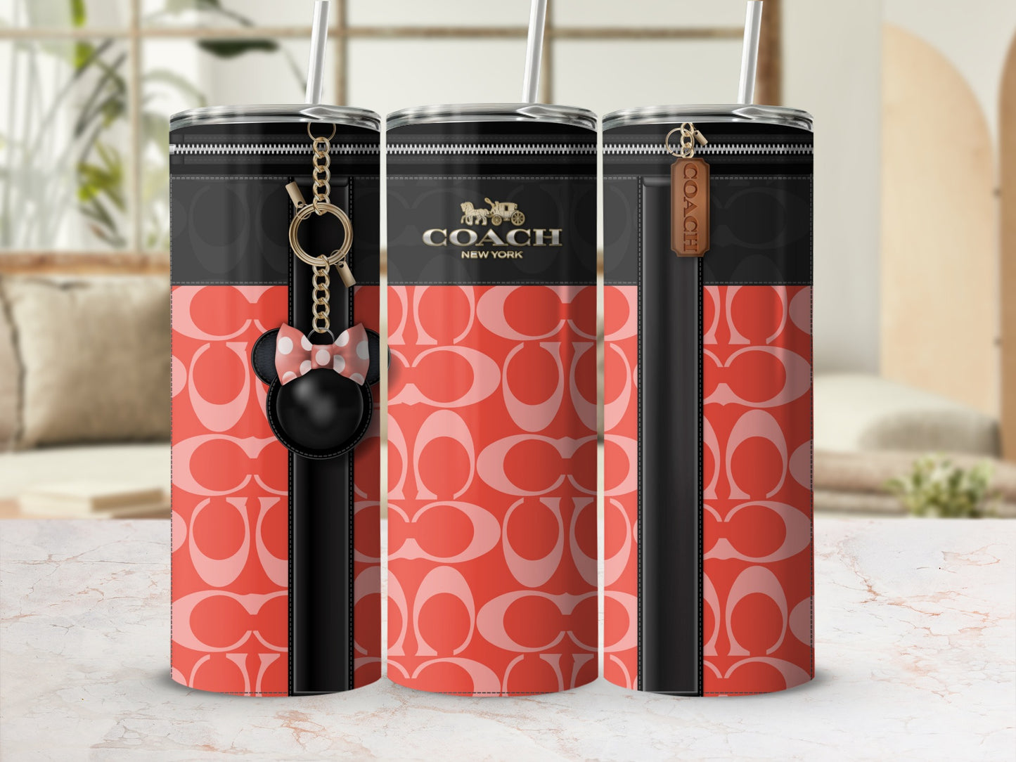 Coach New York Red Patterned Tumbler with Keychain