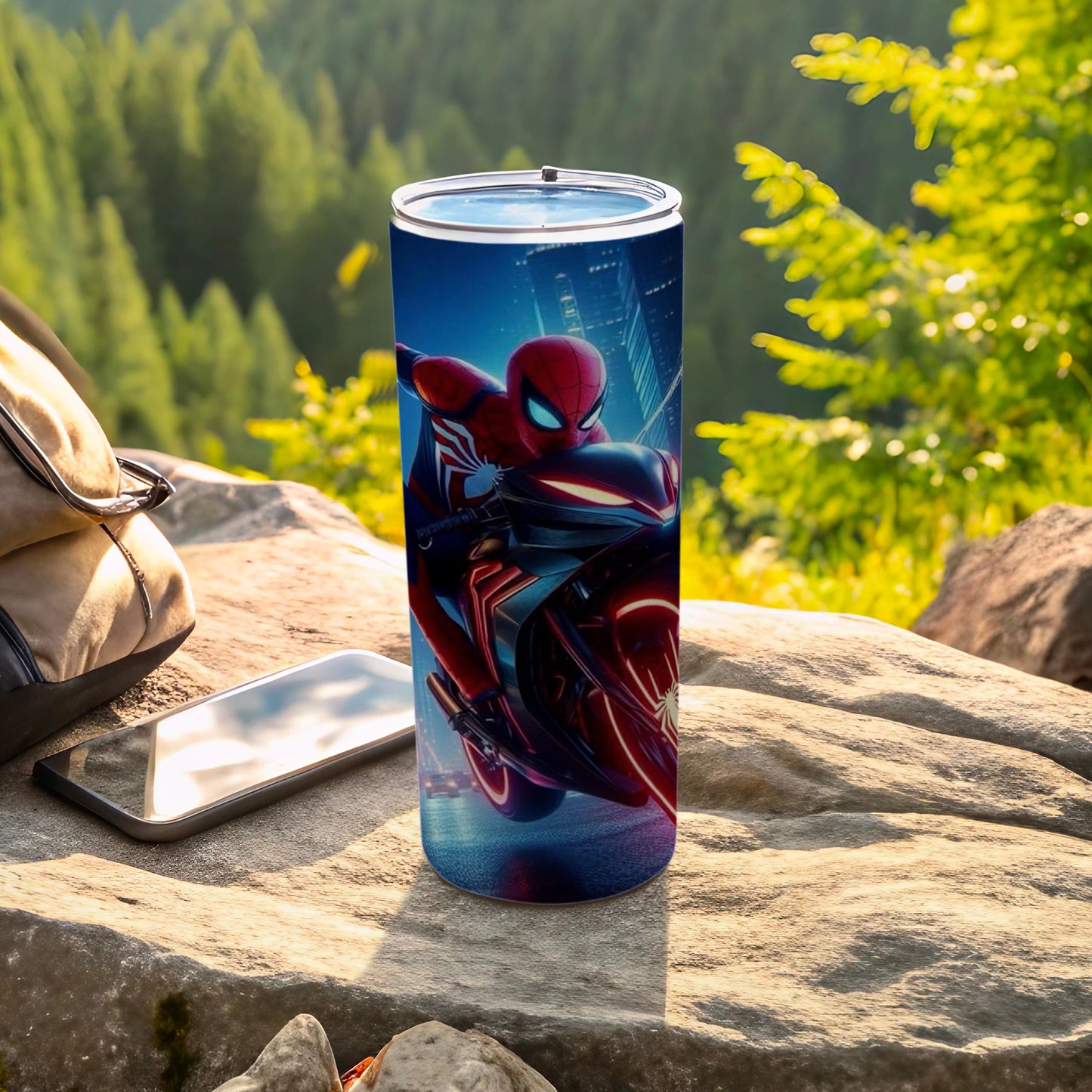 Spider-Man on Motorcycle Travel Tumbler with Lid Cup