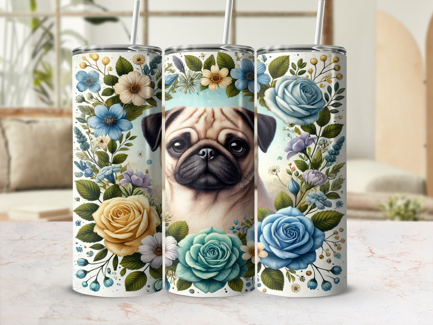 Pug and Floral Design Insulated Tumbler Cup