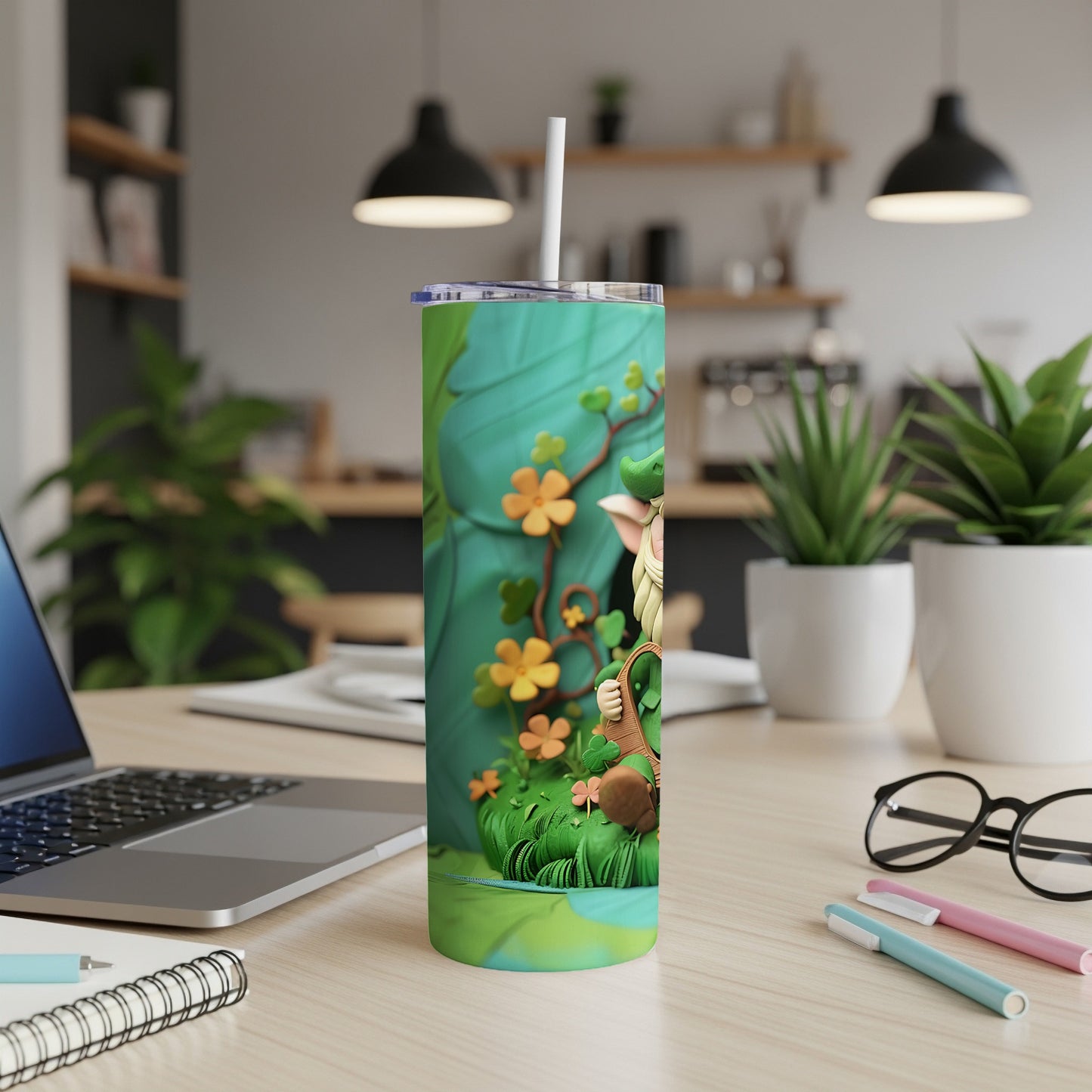 Leprechaun character on a tropical leaf patterned tumbler with straw.