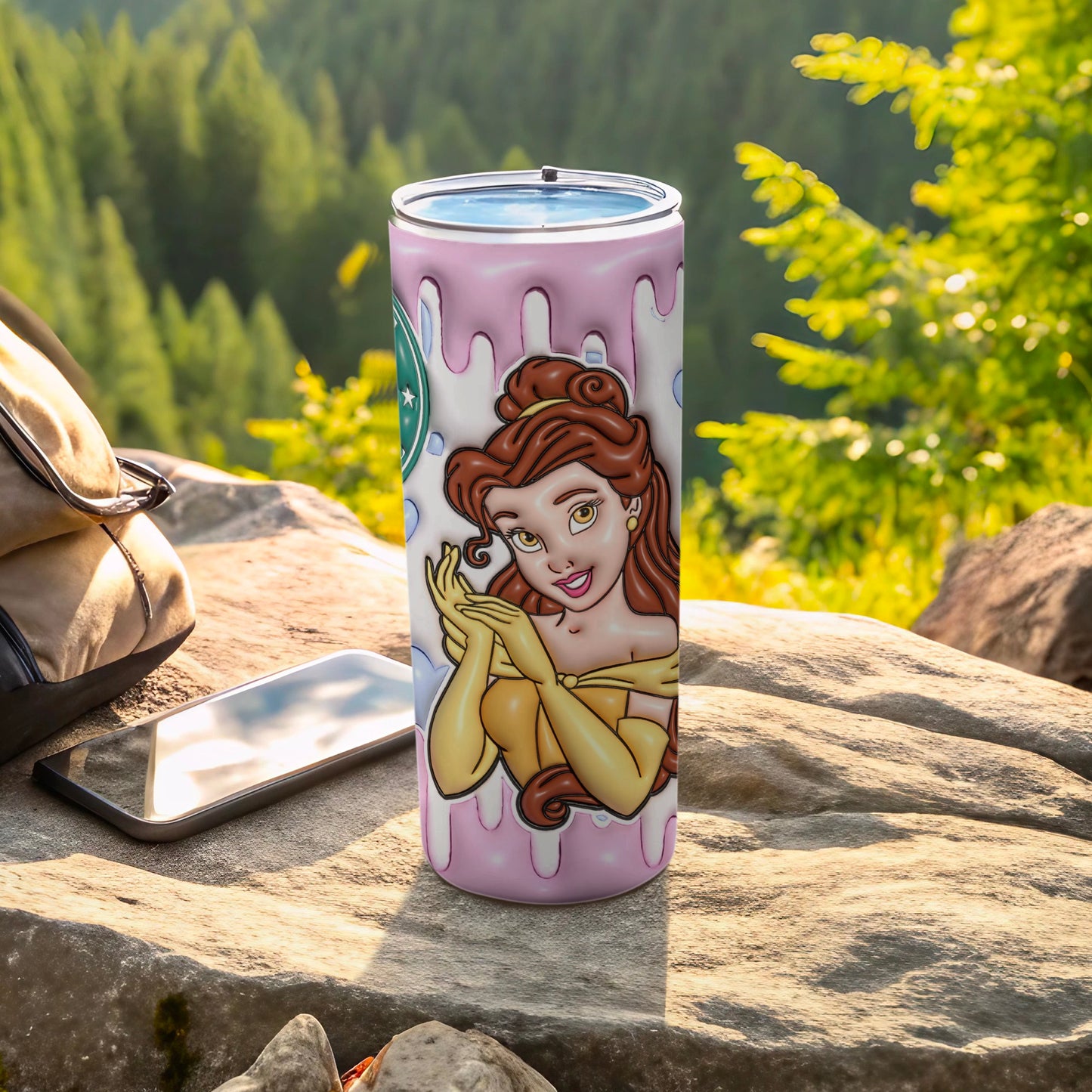 Cartoon Princess Insulated Tumbler with Pink Dripping Effect
