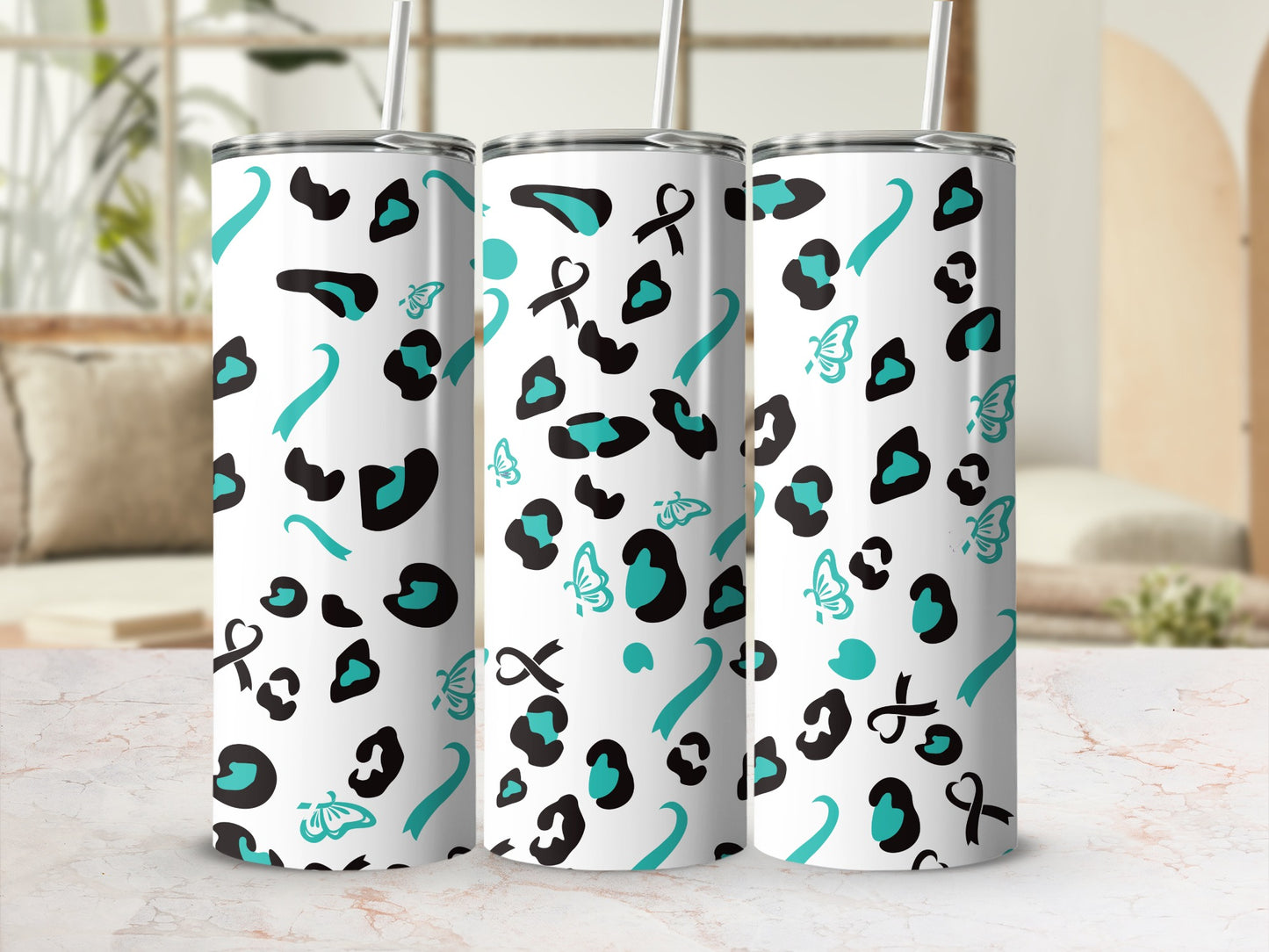 Teal and Black Leopard Print Tumbler with Straw