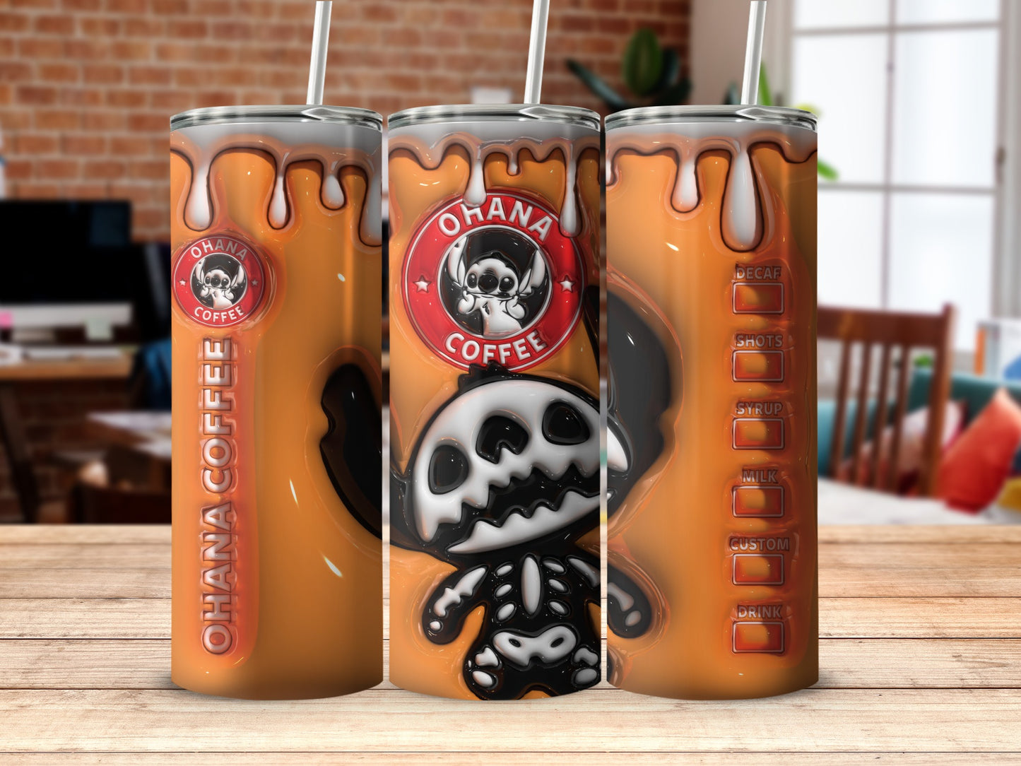 Spooky ohana coffee tumbler with skeleton design