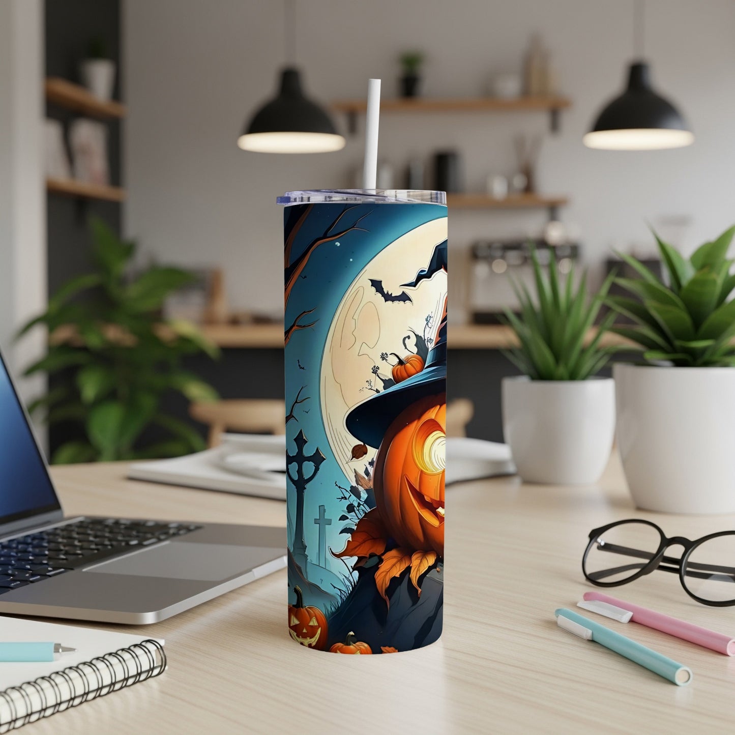 Tumbler with Halloween pumpkin character and spooky scene against a full moon.