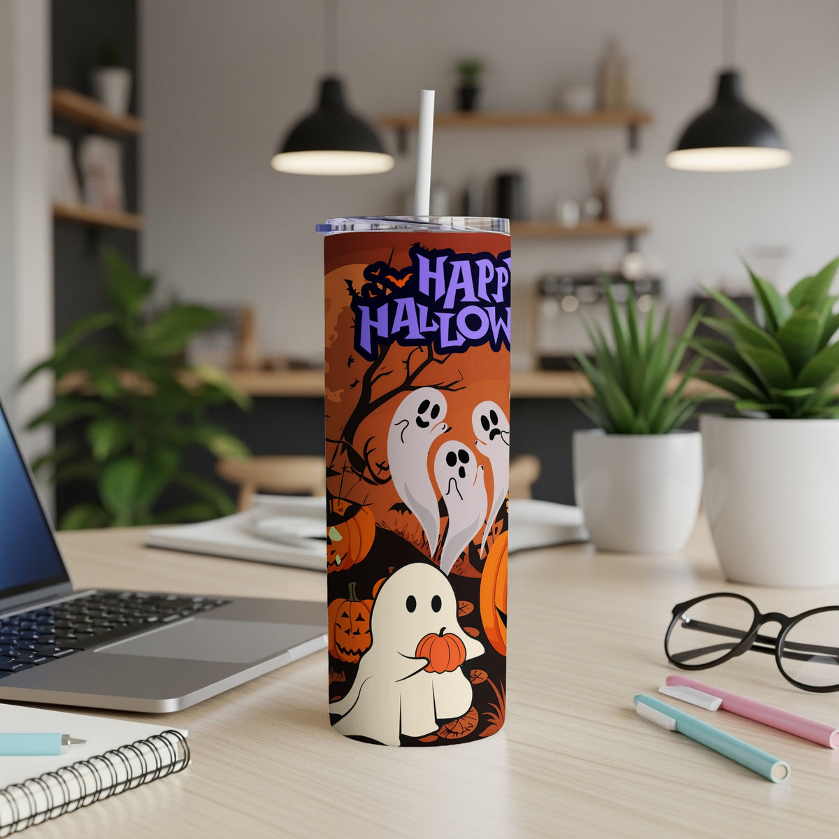 Halloween tumbler with ghosts, pumpkins, bats, and "Happy Halloween" text.