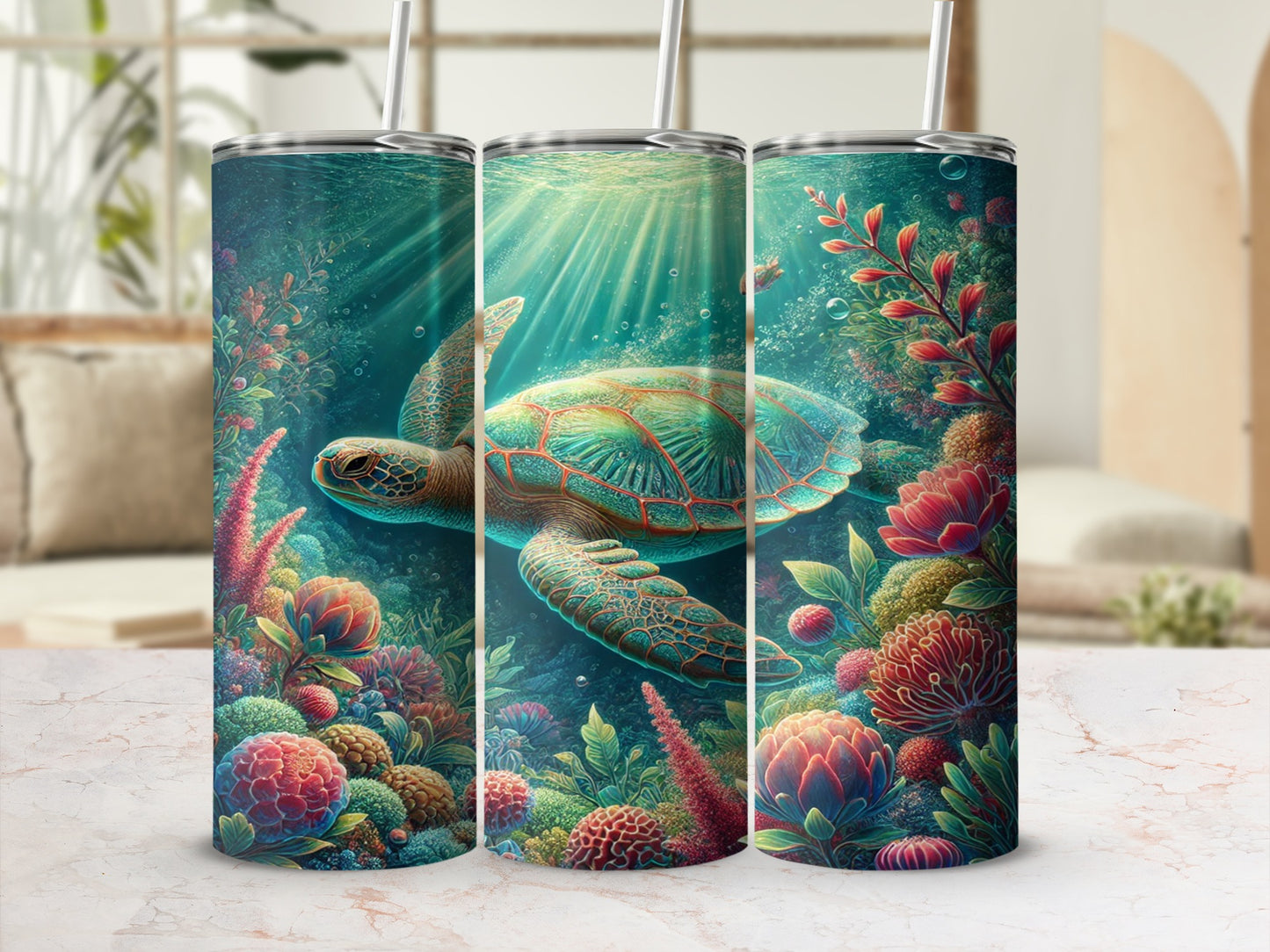 Underwater Sea Turtle and Coral Stainless Tumbler