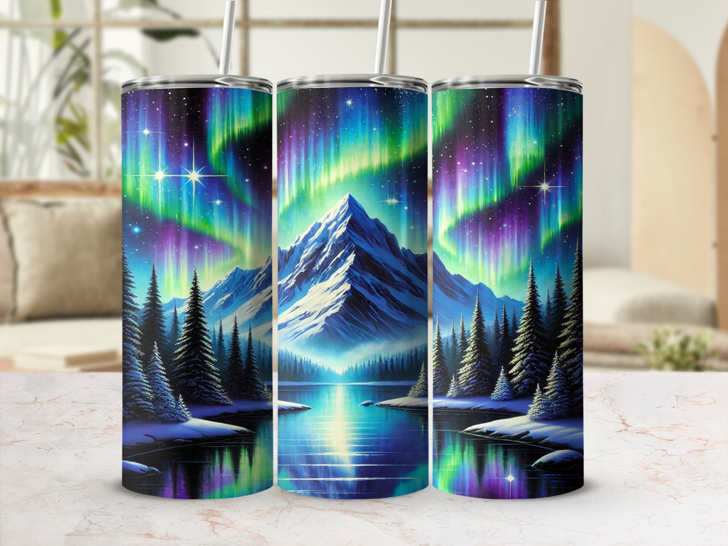 Northern Lights Mountain Scene Tumbler Cup