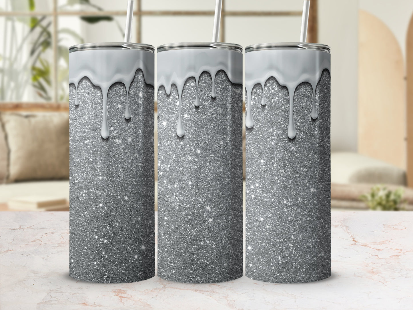 Silver Glitter Tumbler with Dripping Effect Design