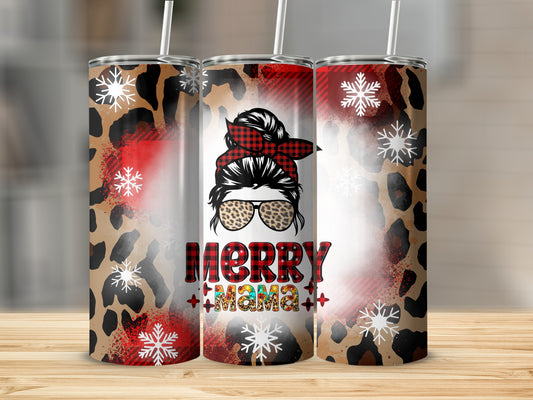 Merry Mama tumbler with leopard print, buffalo plaid, and snowflakes.