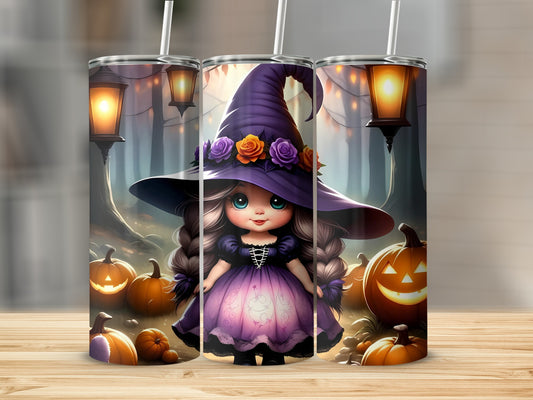 Three tumblers with a cute witch and pumpkins design.